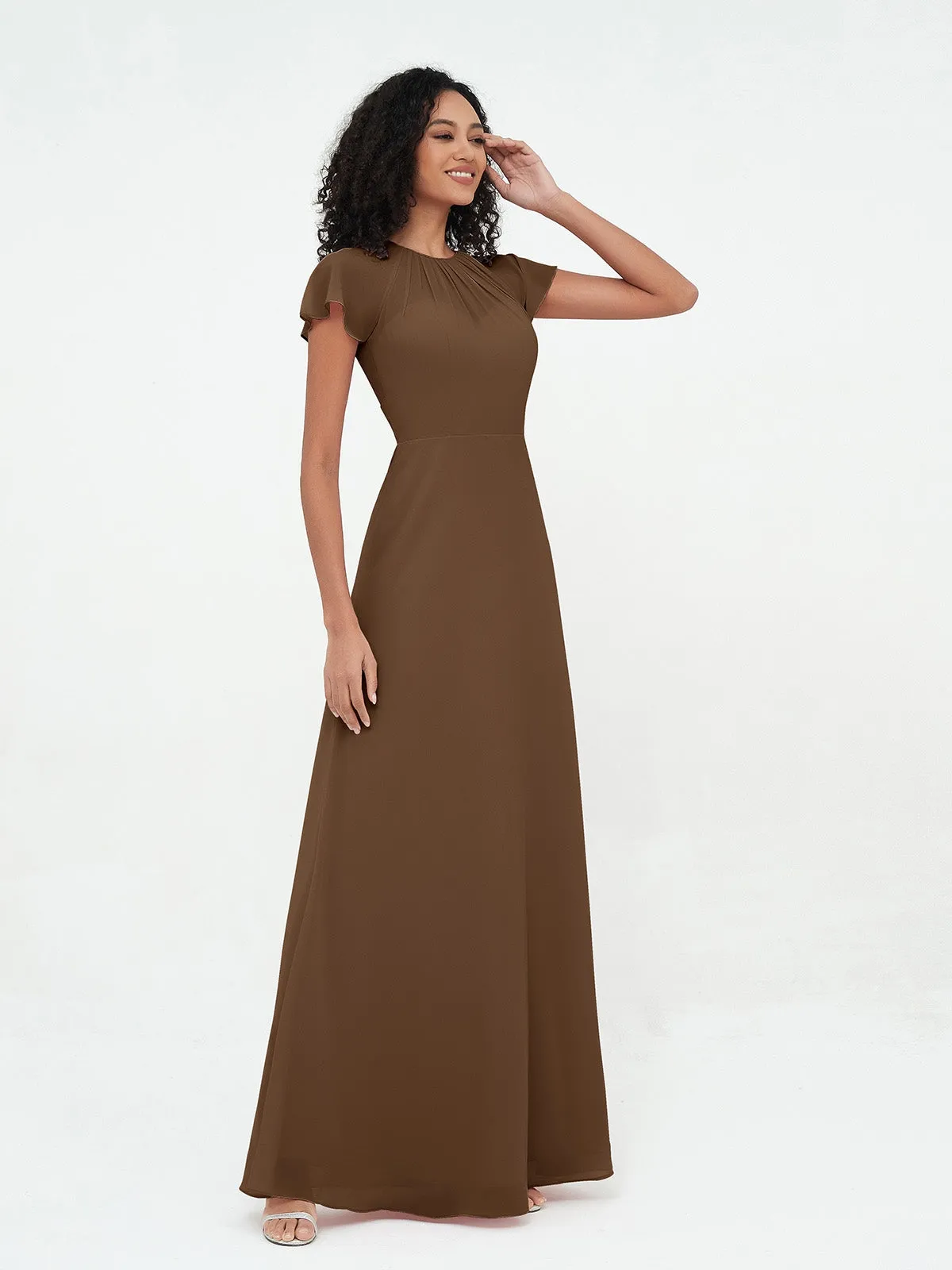 Illusion Neckline Chiffon Dresses with Cap Sleeves-Brown Plus Size