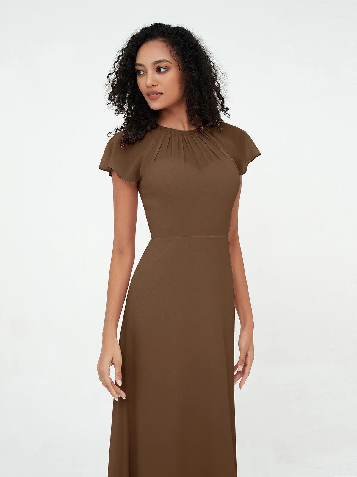 Illusion Neckline Chiffon Dresses with Cap Sleeves-Brown Plus Size