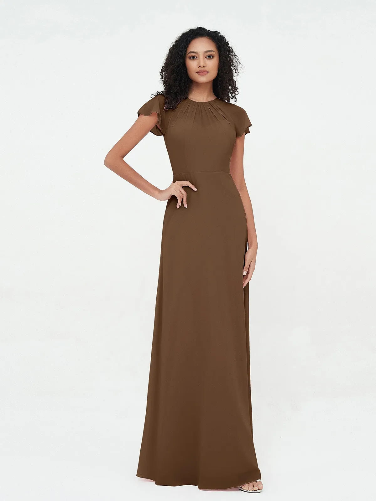 Illusion Neckline Chiffon Dresses with Cap Sleeves-Brown Plus Size