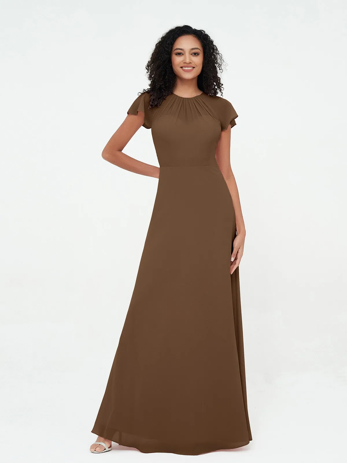 Illusion Neckline Chiffon Dresses with Cap Sleeves-Brown Plus Size