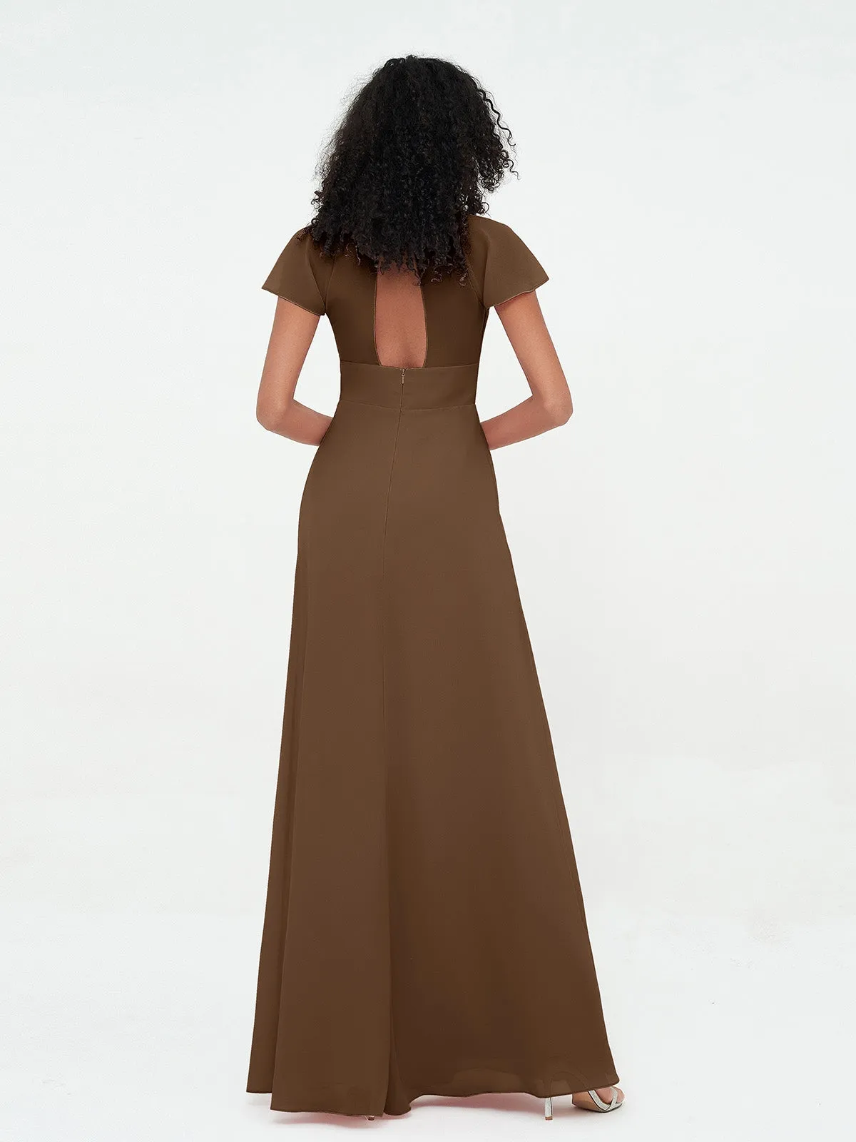 Illusion Neckline Chiffon Dresses with Cap Sleeves-Brown Plus Size