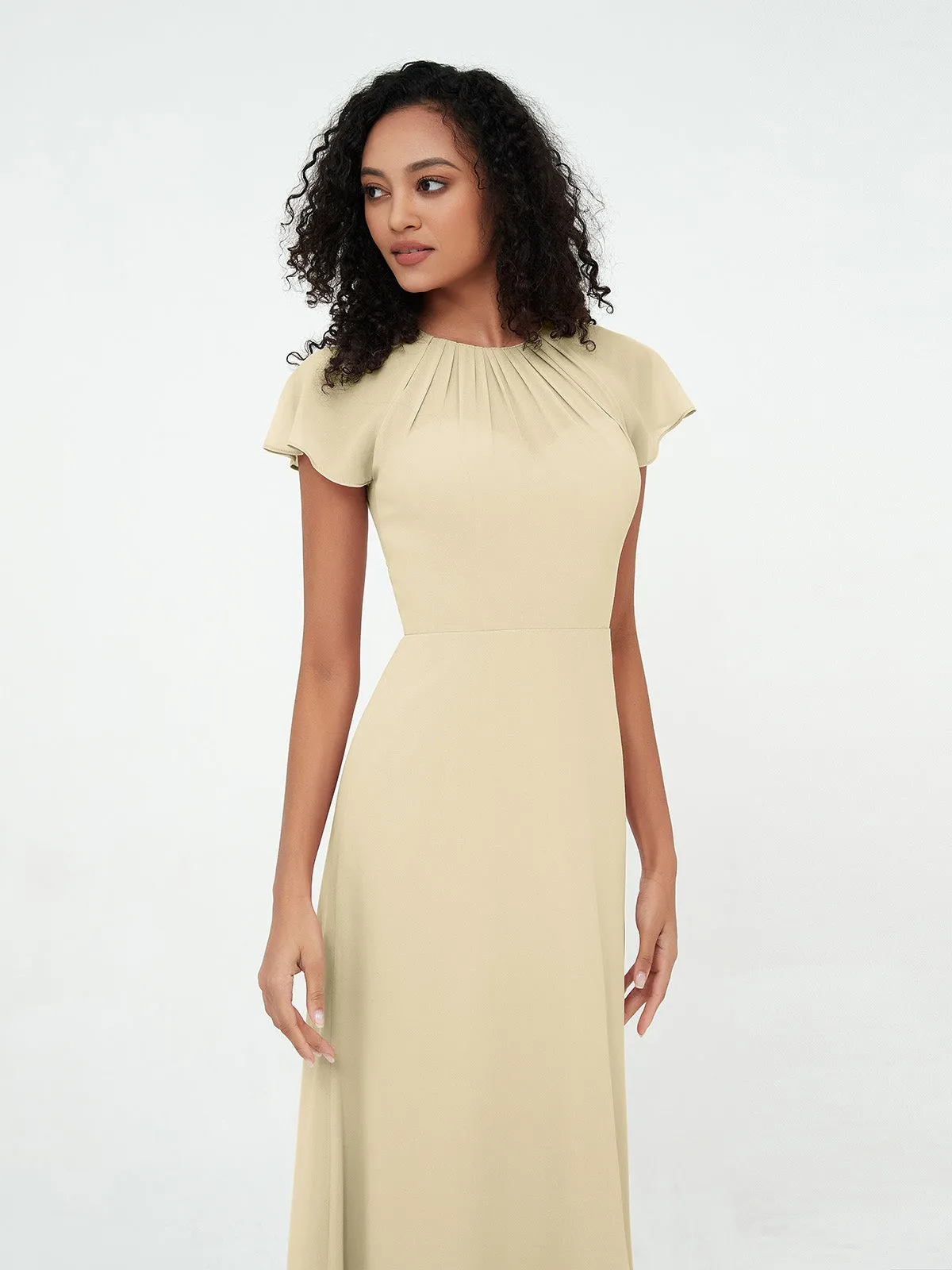 Illusion Neckline Chiffon Dresses with Cap Sleeves-Champagne Plus Size