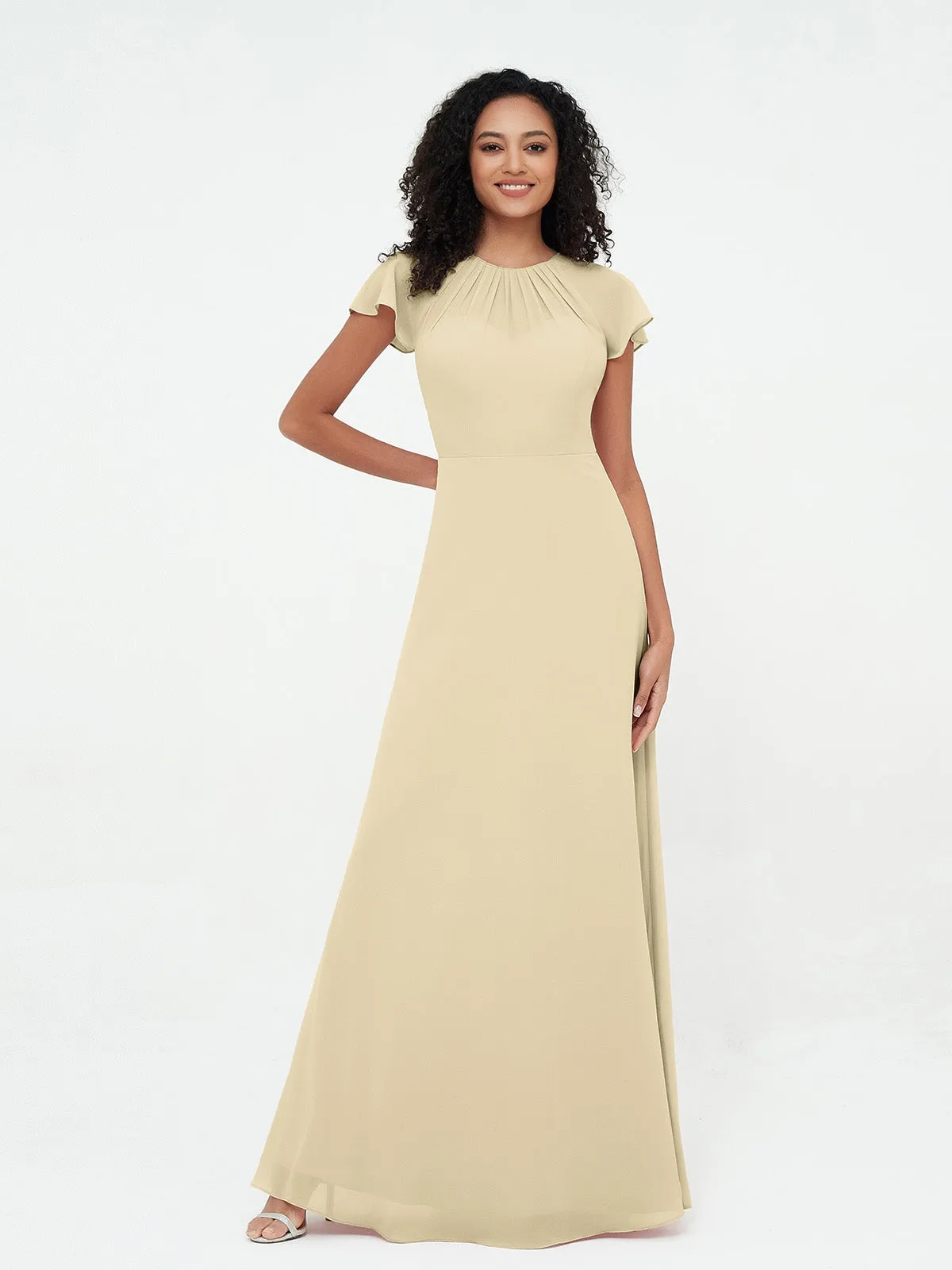 Illusion Neckline Chiffon Dresses with Cap Sleeves-Champagne Plus Size