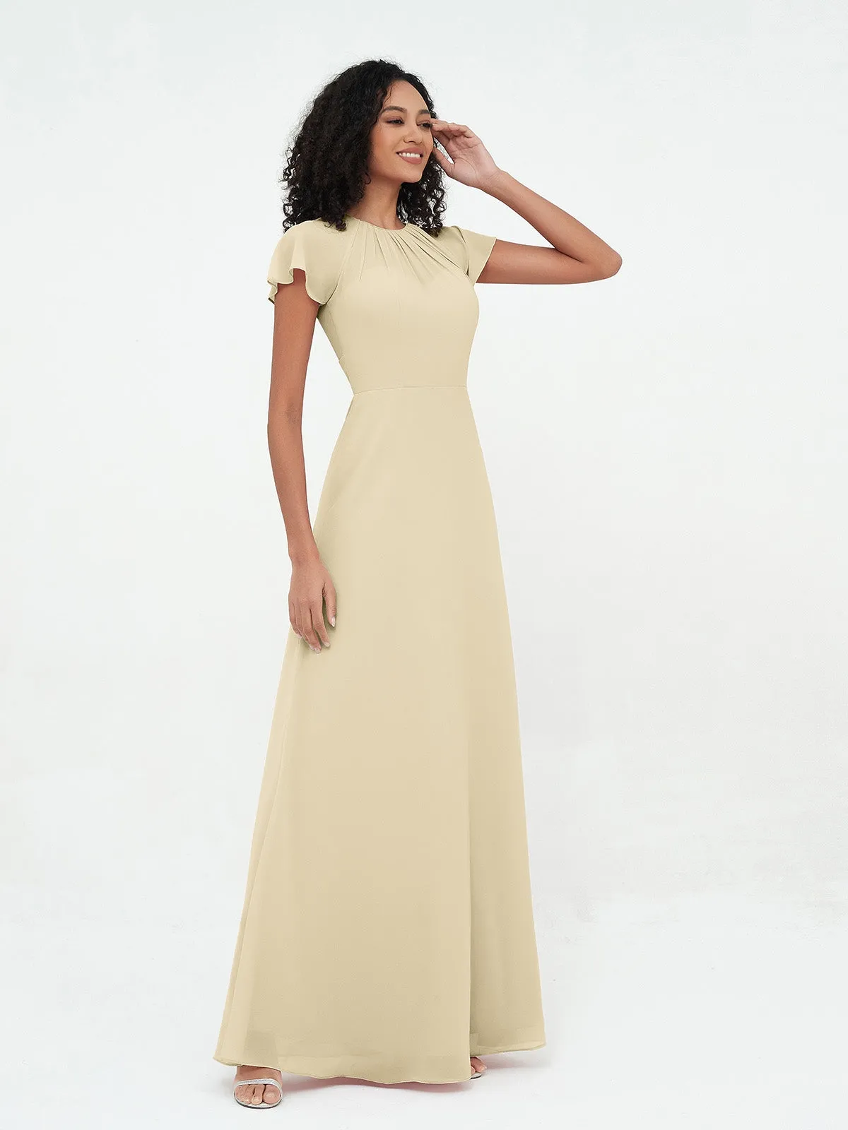 Illusion Neckline Chiffon Dresses with Cap Sleeves-Champagne Plus Size