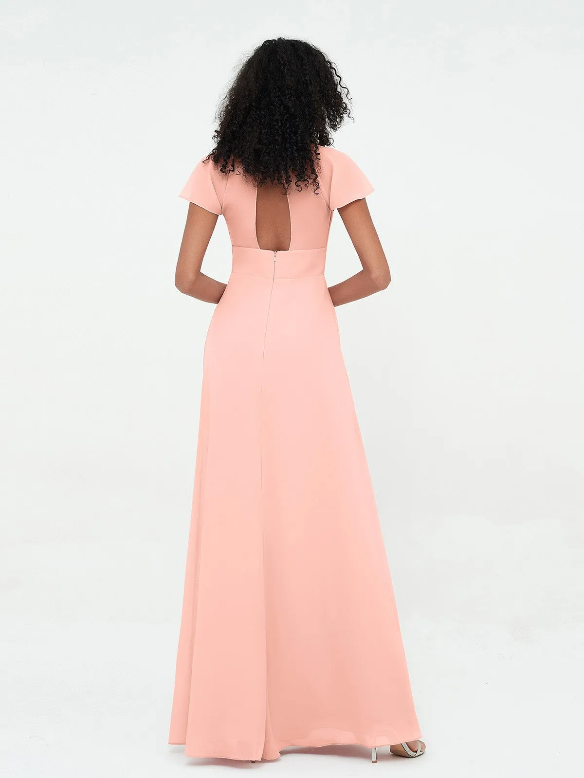 Illusion Neckline Chiffon Dresses with Cap Sleeves-Coral