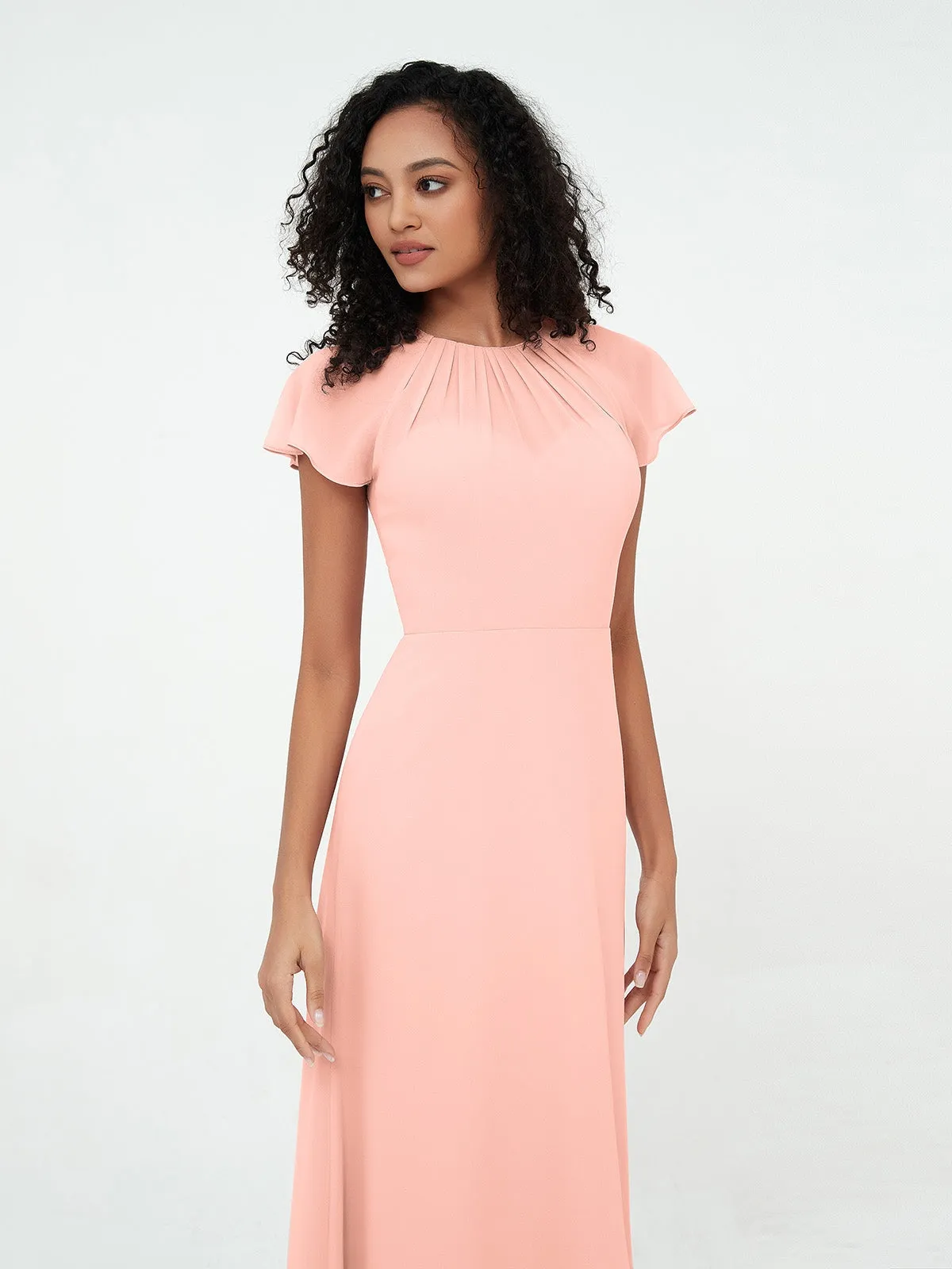 Illusion Neckline Chiffon Dresses with Cap Sleeves-Coral