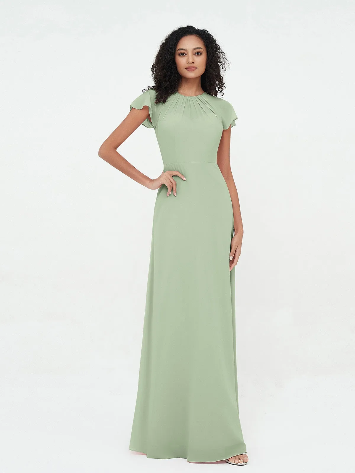 Illusion Neckline Chiffon Dresses with Cap Sleeves-Dusty Sage Plus Size