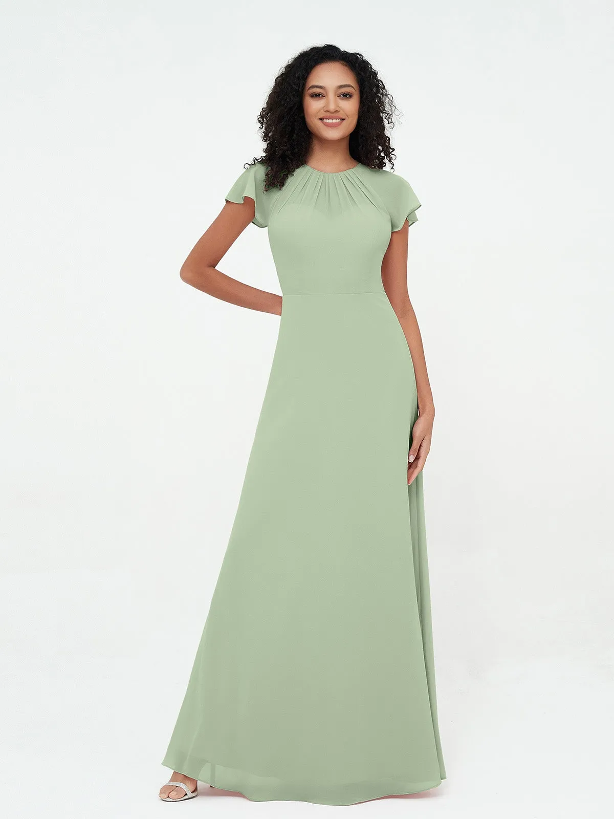 Illusion Neckline Chiffon Dresses with Cap Sleeves-Dusty Sage Plus Size