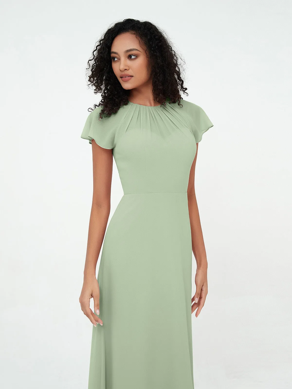 Illusion Neckline Chiffon Dresses with Cap Sleeves-Dusty Sage Plus Size