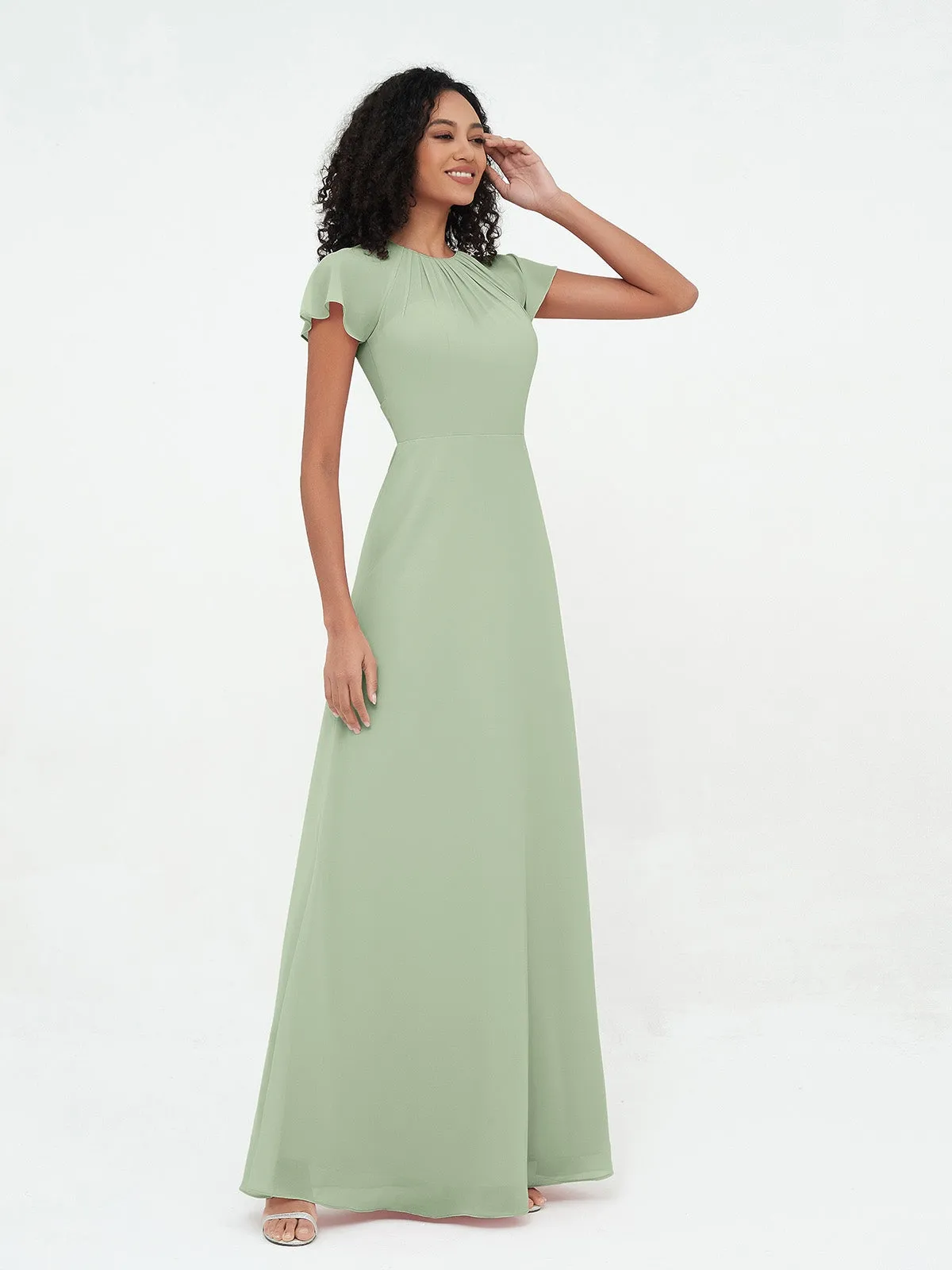 Illusion Neckline Chiffon Dresses with Cap Sleeves-Dusty Sage Plus Size