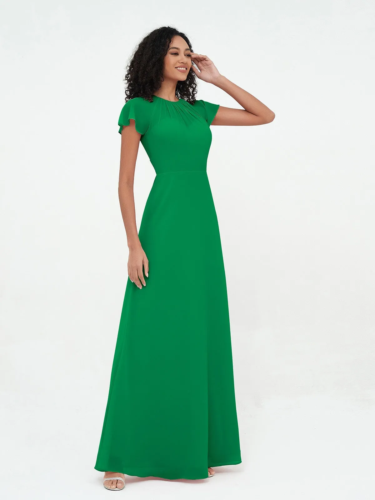 Illusion Neckline Chiffon Dresses with Cap Sleeves-Emerald Plus Size