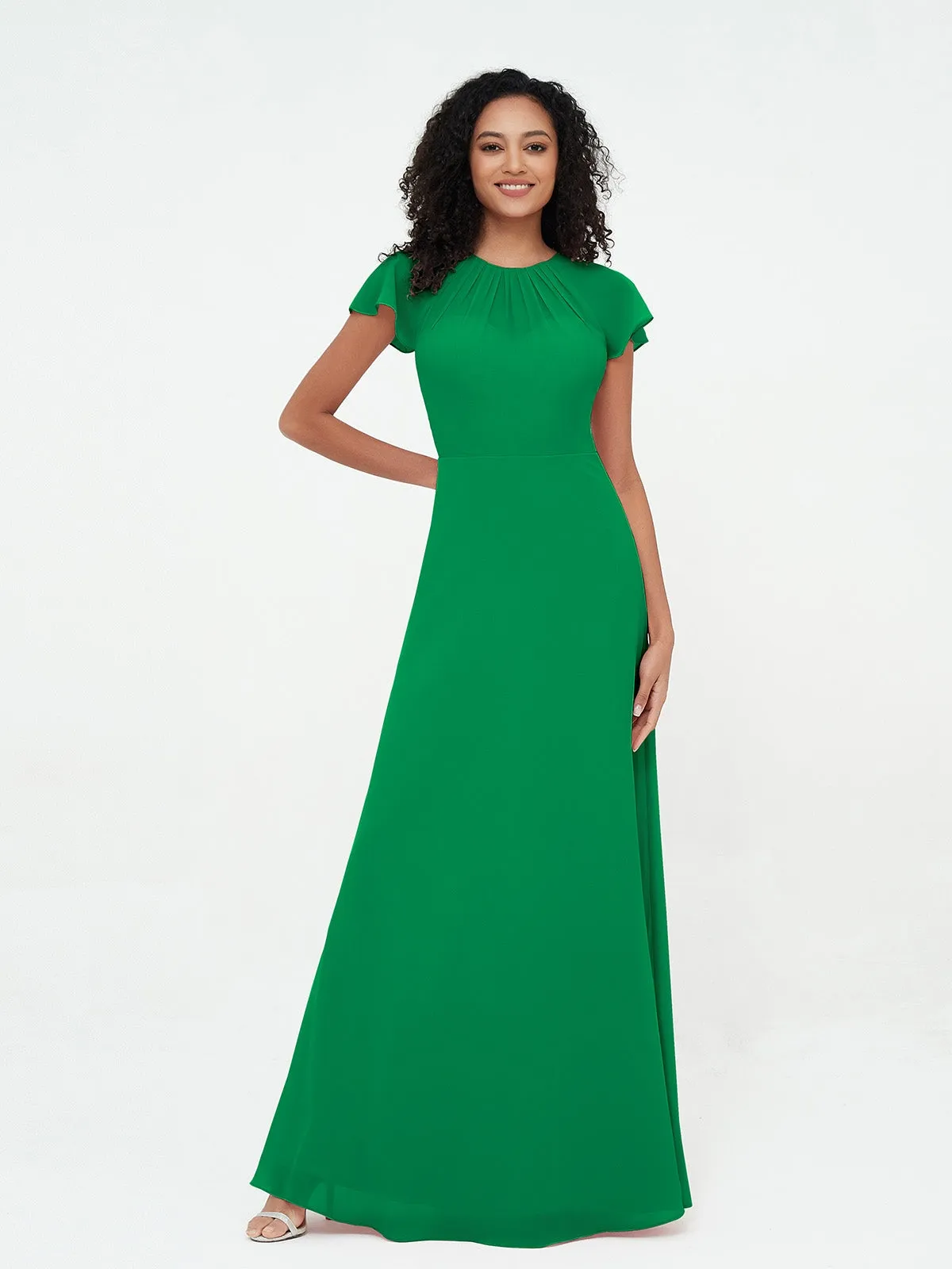 Illusion Neckline Chiffon Dresses with Cap Sleeves-Emerald Plus Size