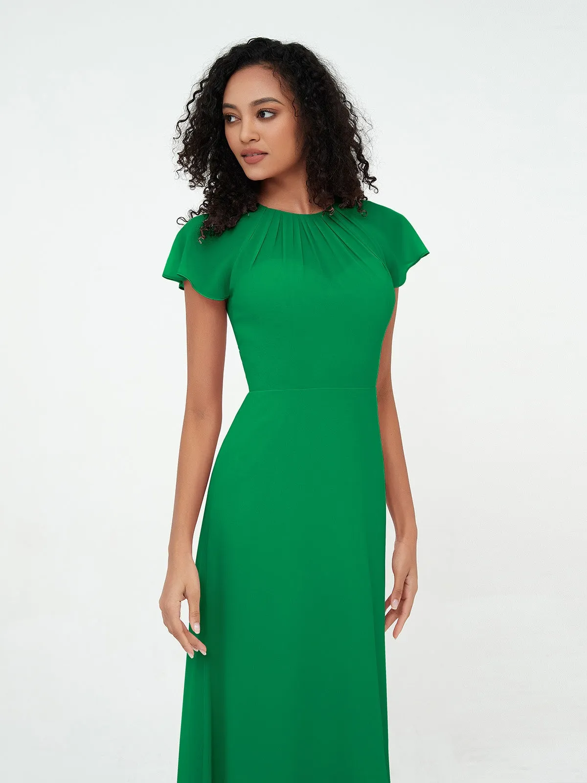 Illusion Neckline Chiffon Dresses with Cap Sleeves-Emerald Plus Size