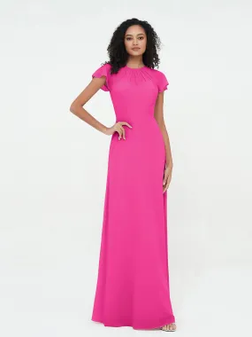 Illusion Neckline Chiffon Dresses with Cap Sleeves-Fuchsia Plus Size