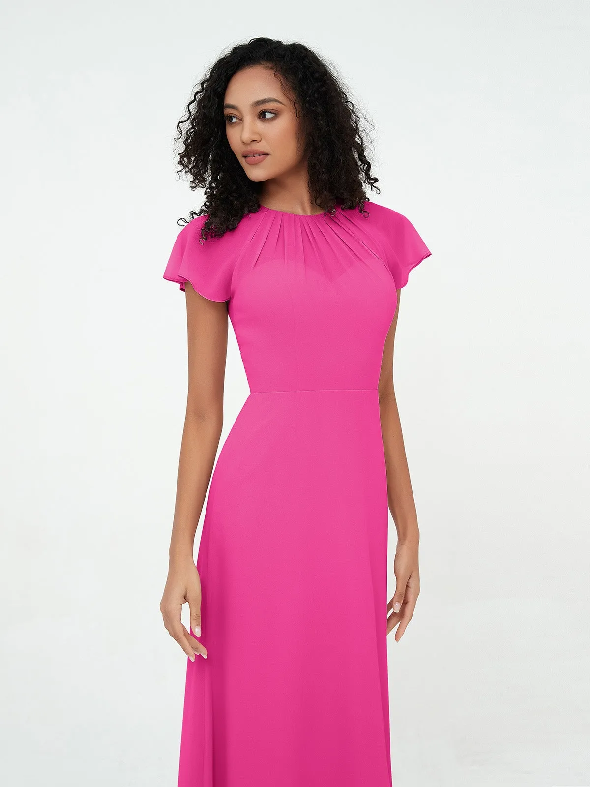 Illusion Neckline Chiffon Dresses with Cap Sleeves-Fuchsia Plus Size