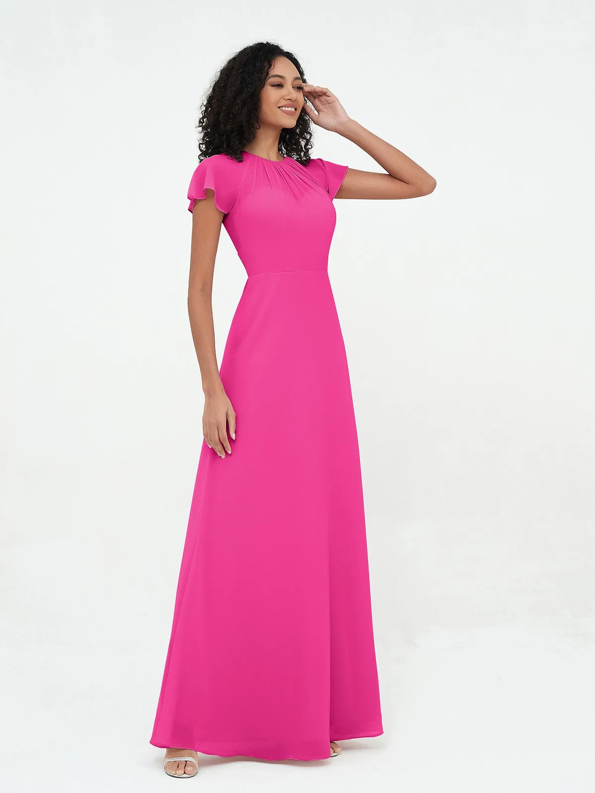 Illusion Neckline Chiffon Dresses with Cap Sleeves-Fuchsia Plus Size