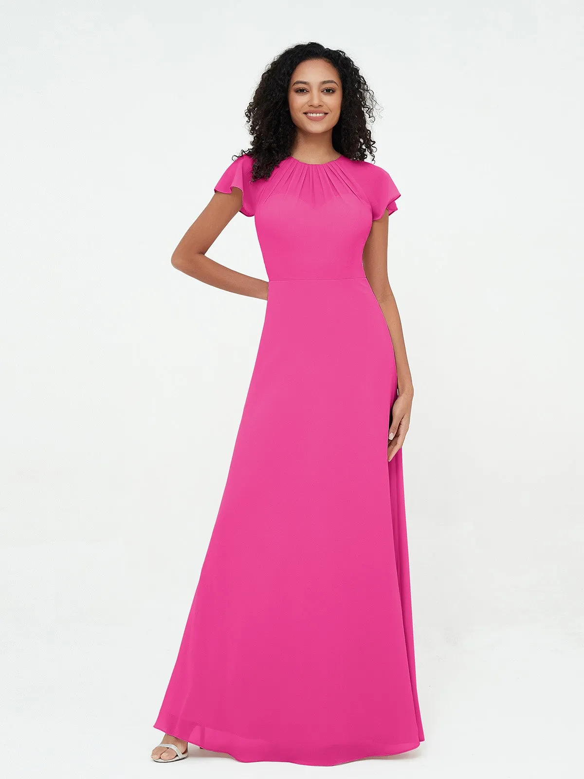 Illusion Neckline Chiffon Dresses with Cap Sleeves-Fuchsia Plus Size