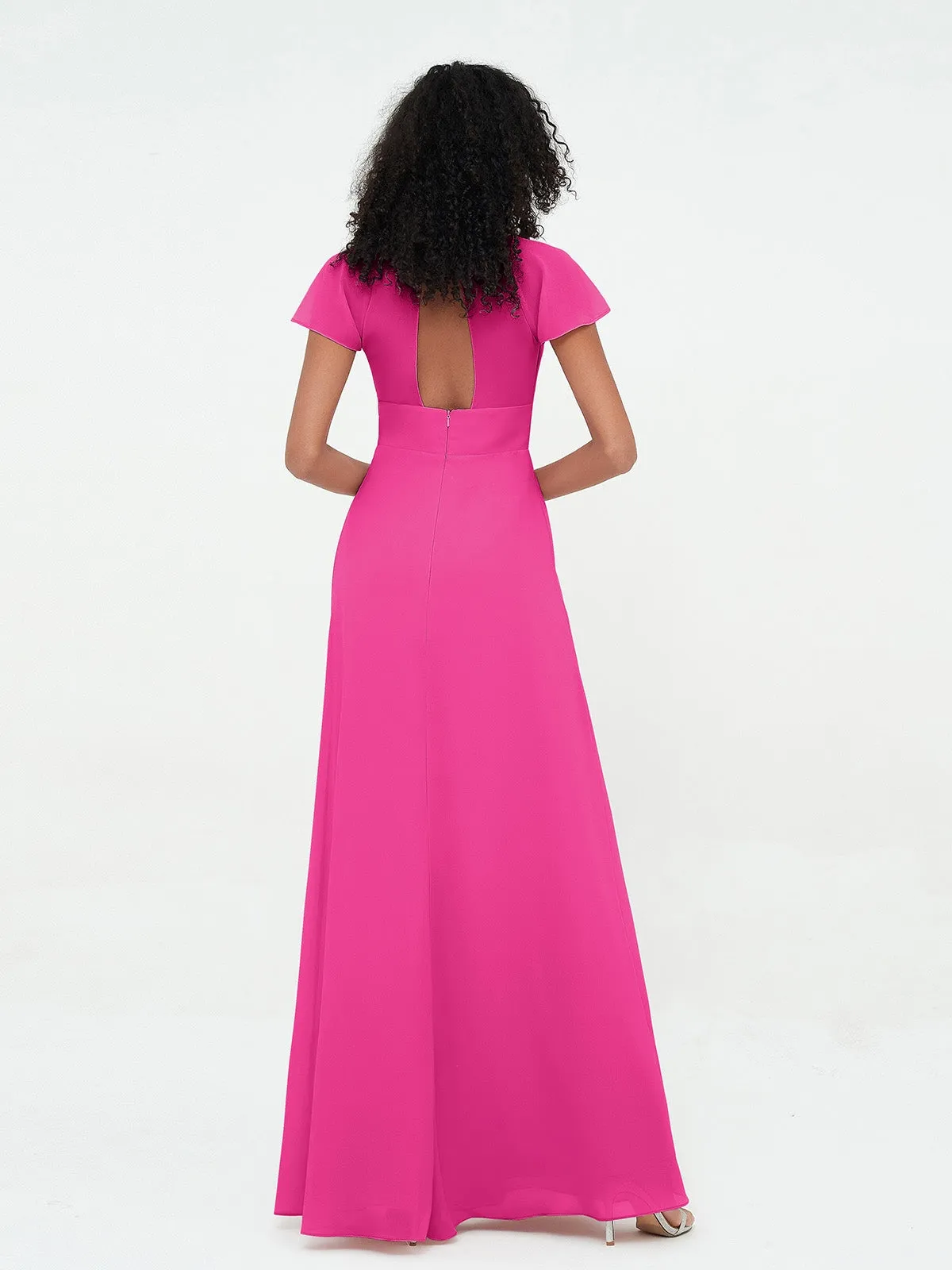 Illusion Neckline Chiffon Dresses with Cap Sleeves-Fuchsia Plus Size