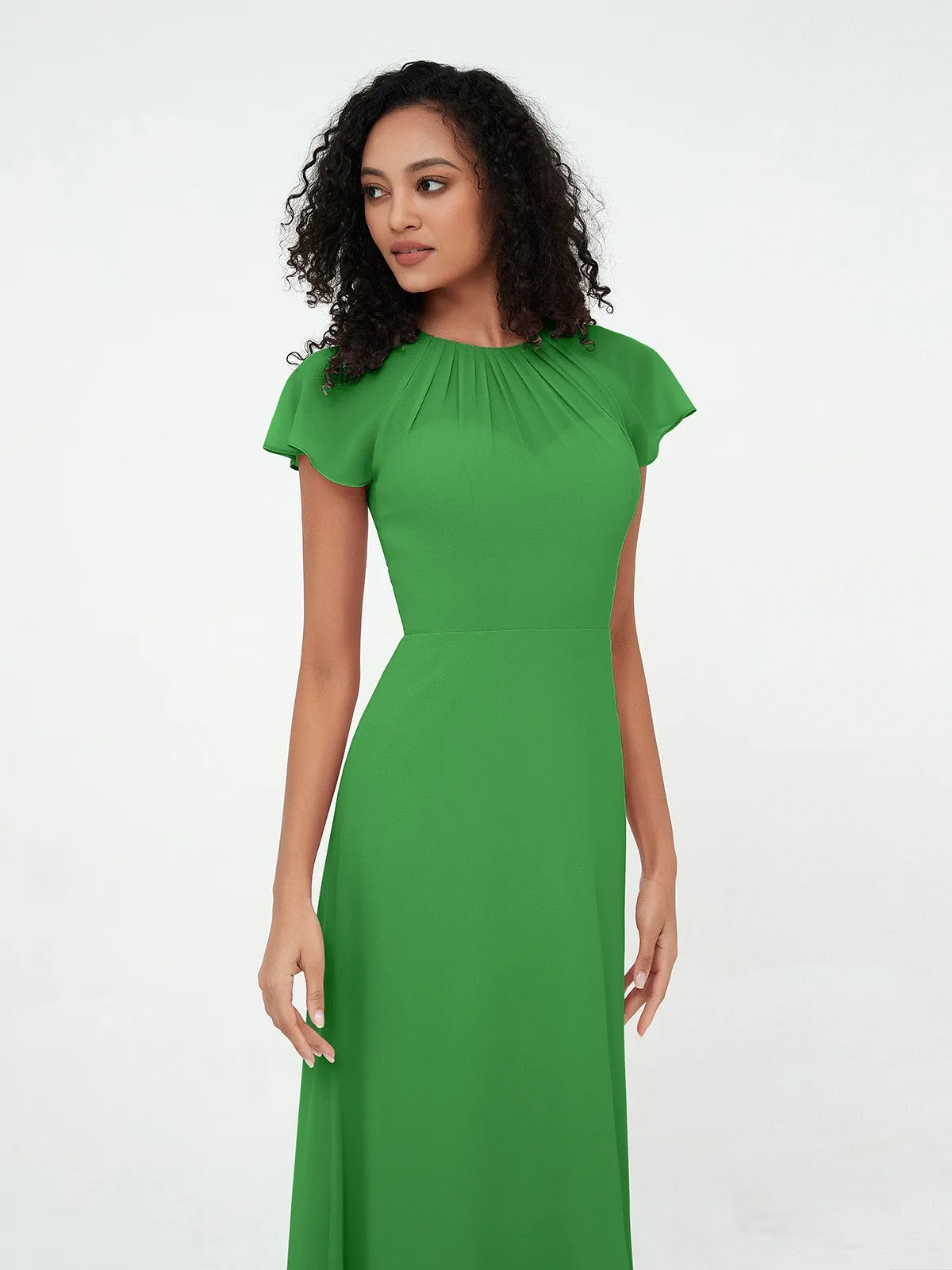 Illusion Neckline Chiffon Dresses with Cap Sleeves-Green