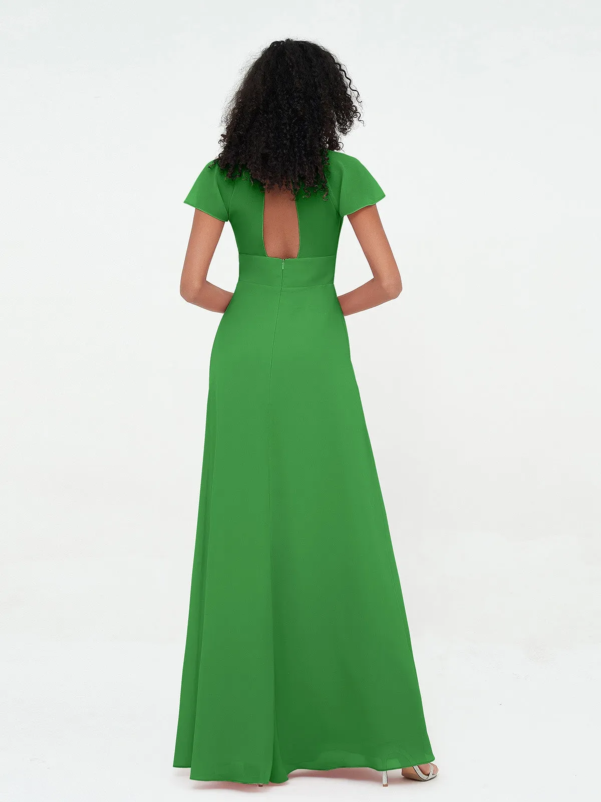 Illusion Neckline Chiffon Dresses with Cap Sleeves-Green