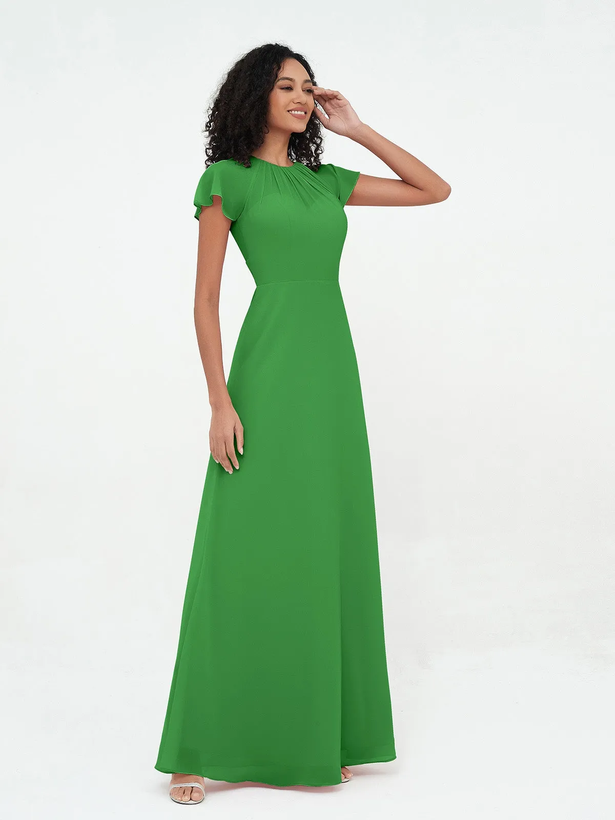 Illusion Neckline Chiffon Dresses with Cap Sleeves-Green