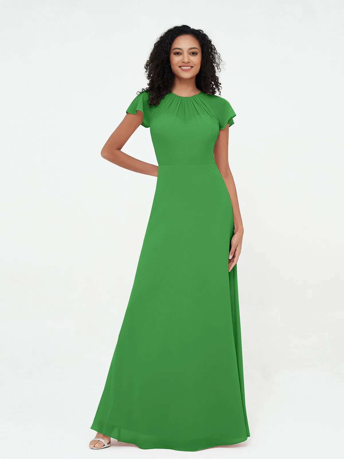 Illusion Neckline Chiffon Dresses with Cap Sleeves-Green