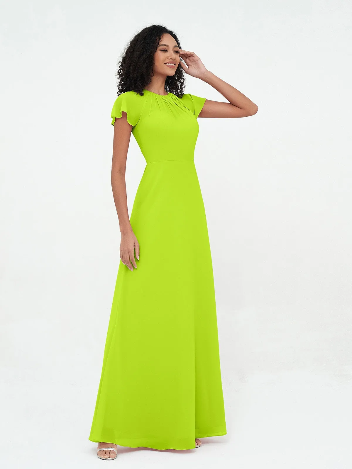 Illusion Neckline Chiffon Dresses with Cap Sleeves-Lime Green