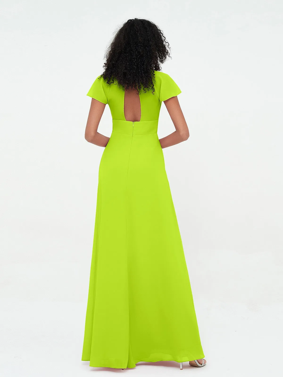 Illusion Neckline Chiffon Dresses with Cap Sleeves-Lime Green