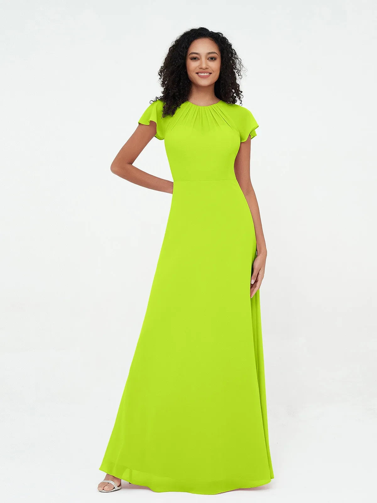 Illusion Neckline Chiffon Dresses with Cap Sleeves-Lime Green