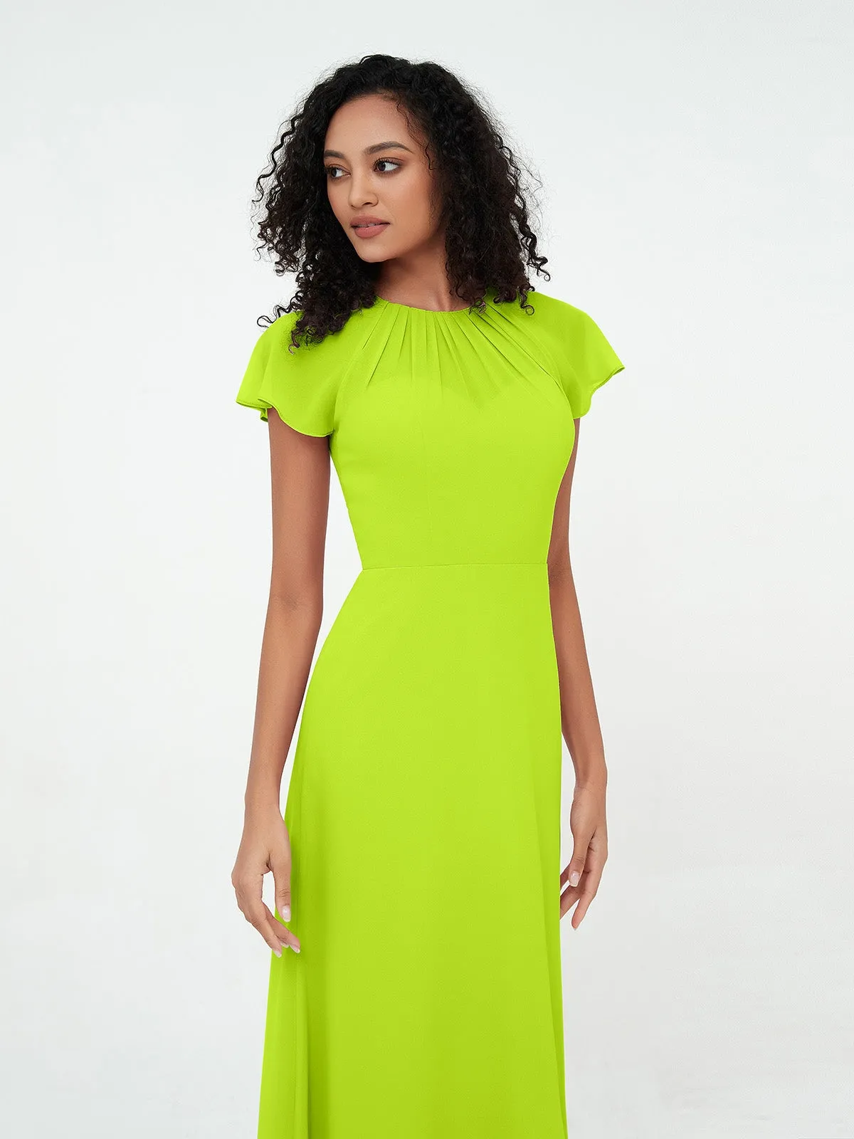 Illusion Neckline Chiffon Dresses with Cap Sleeves-Lime Green