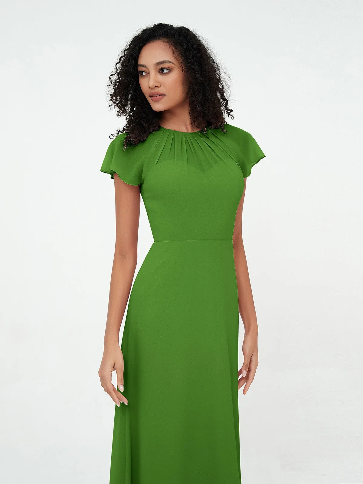 Illusion Neckline Chiffon Dresses with Cap Sleeves-Moss