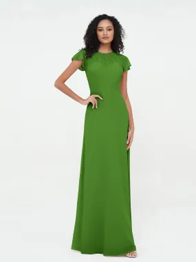 Illusion Neckline Chiffon Dresses with Cap Sleeves-Moss