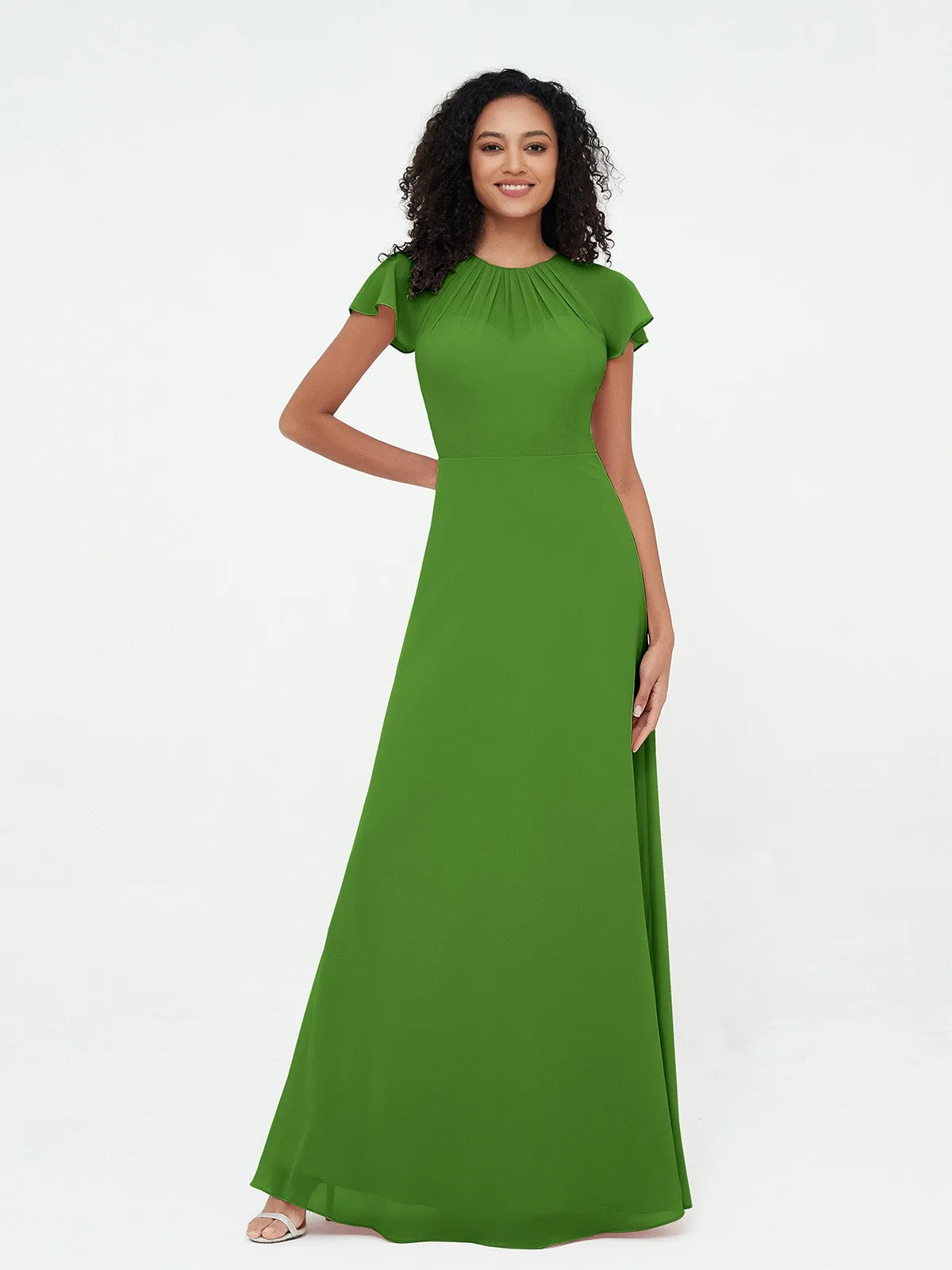 Illusion Neckline Chiffon Dresses with Cap Sleeves-Moss