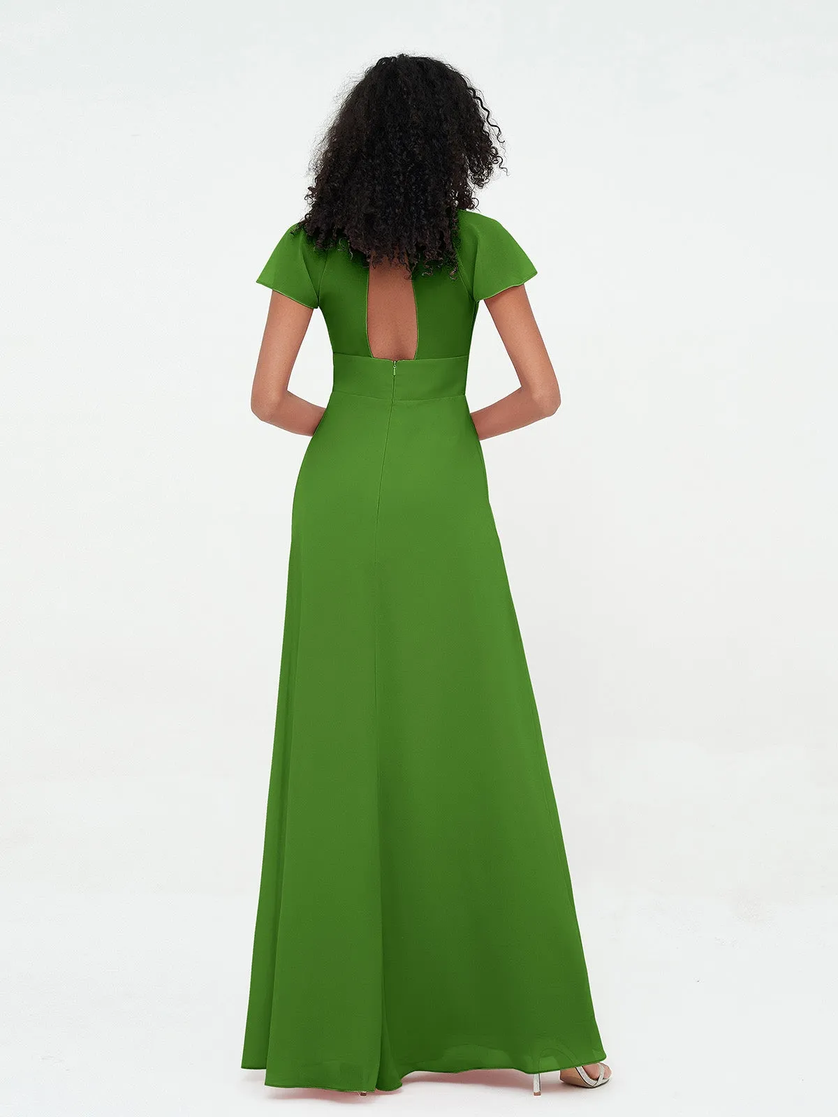 Illusion Neckline Chiffon Dresses with Cap Sleeves-Moss