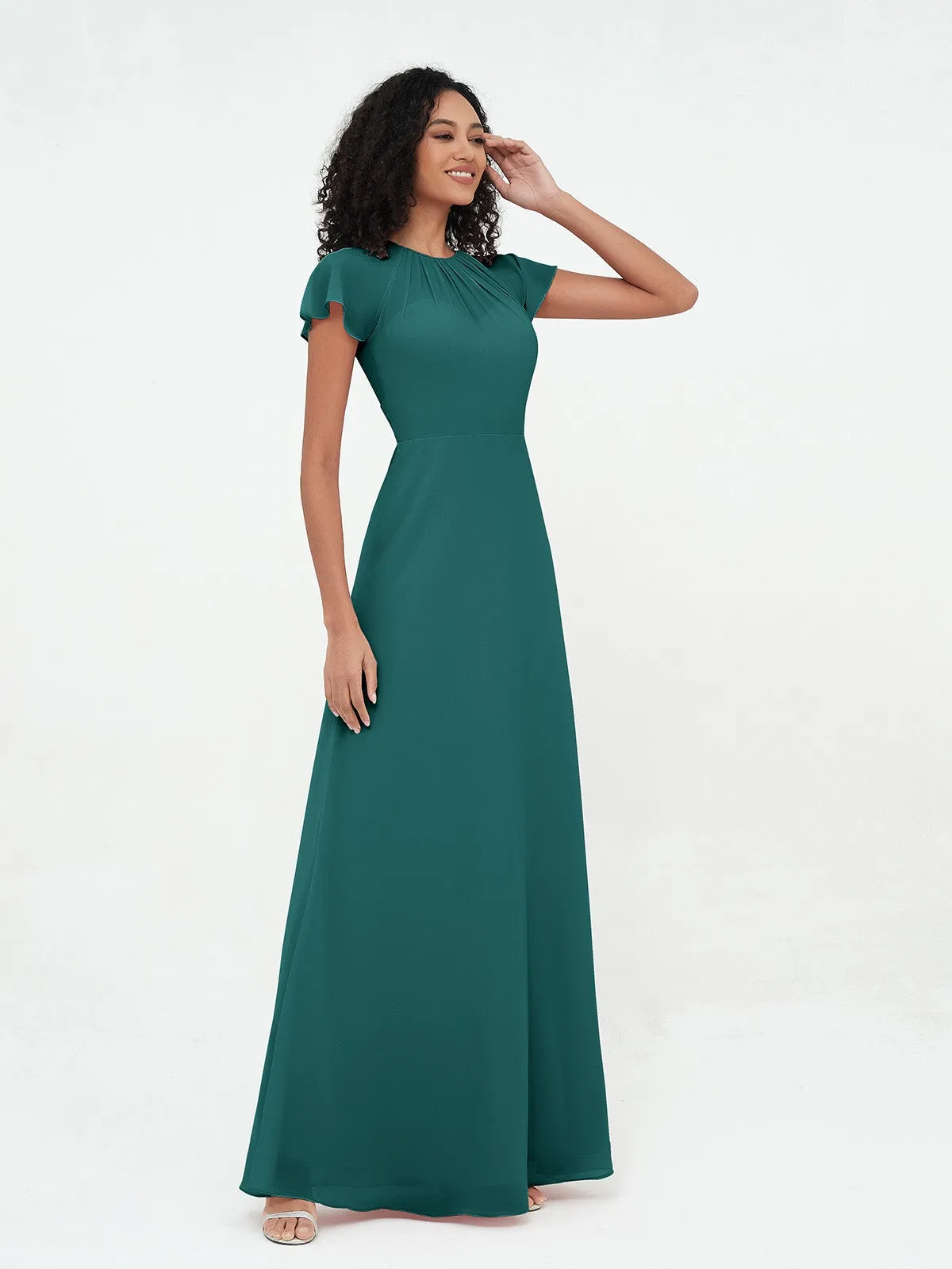 Illusion Neckline Chiffon Dresses with Cap Sleeves-Peacock Plus Size