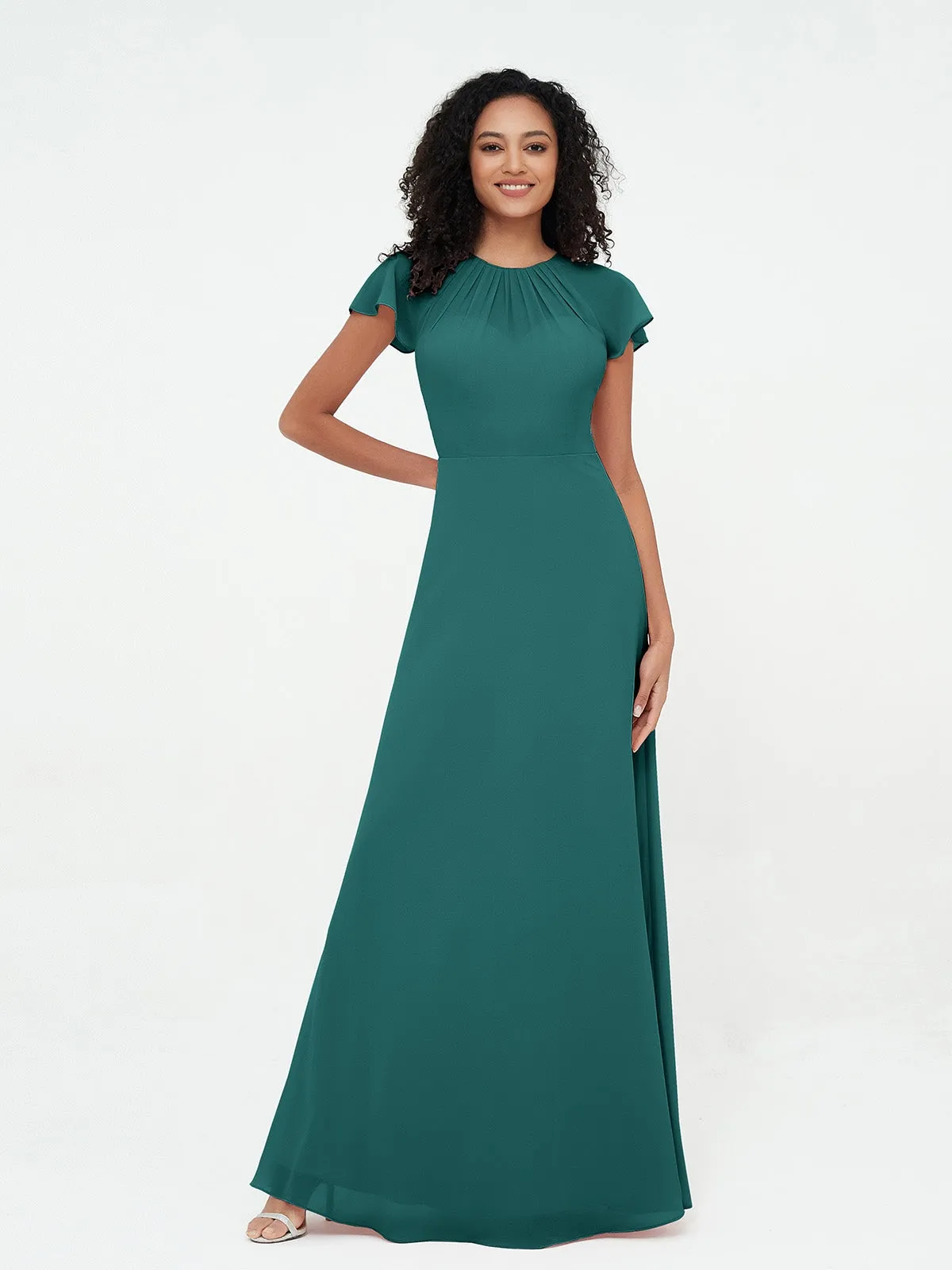 Illusion Neckline Chiffon Dresses with Cap Sleeves-Peacock Plus Size