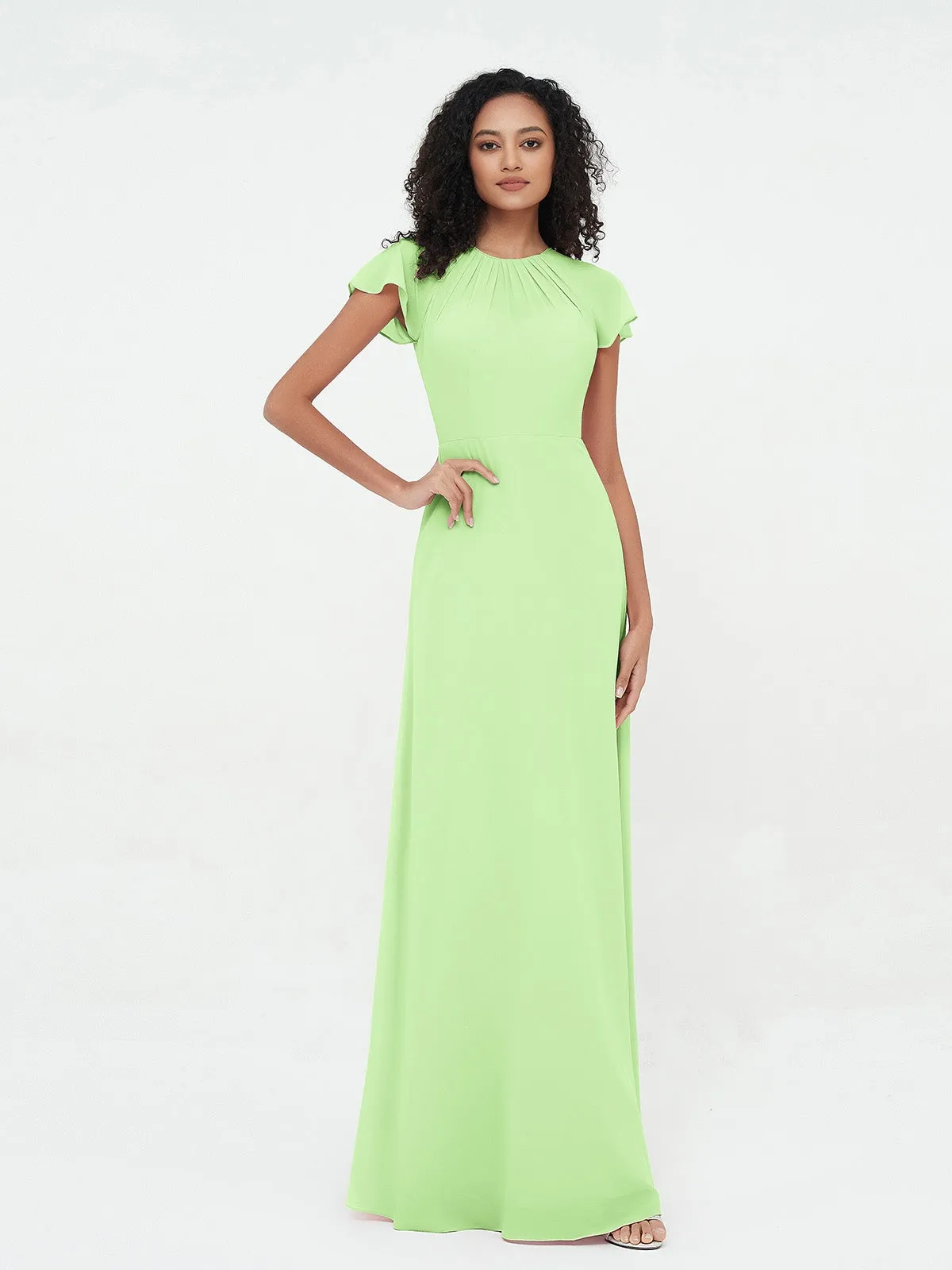 Illusion Neckline Chiffon Dresses with Cap Sleeves-Sage Plus Size