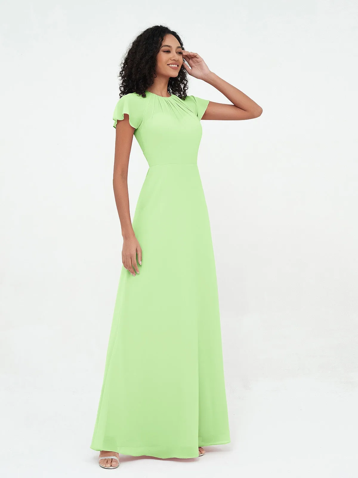 Illusion Neckline Chiffon Dresses with Cap Sleeves-Sage Plus Size