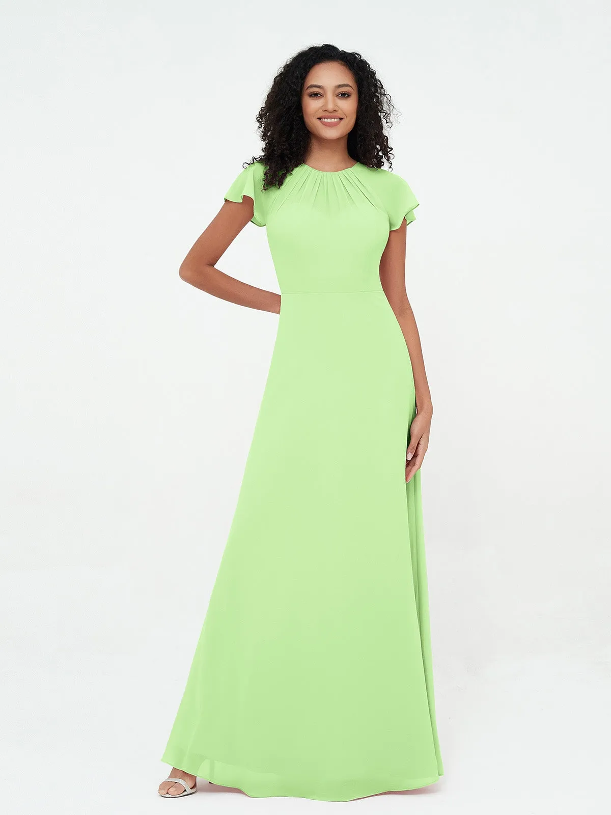 Illusion Neckline Chiffon Dresses with Cap Sleeves-Sage Plus Size