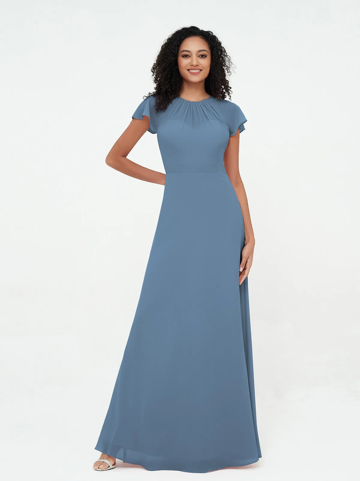 Illusion Neckline Chiffon Dresses with Cap Sleeves-Slate-Blue