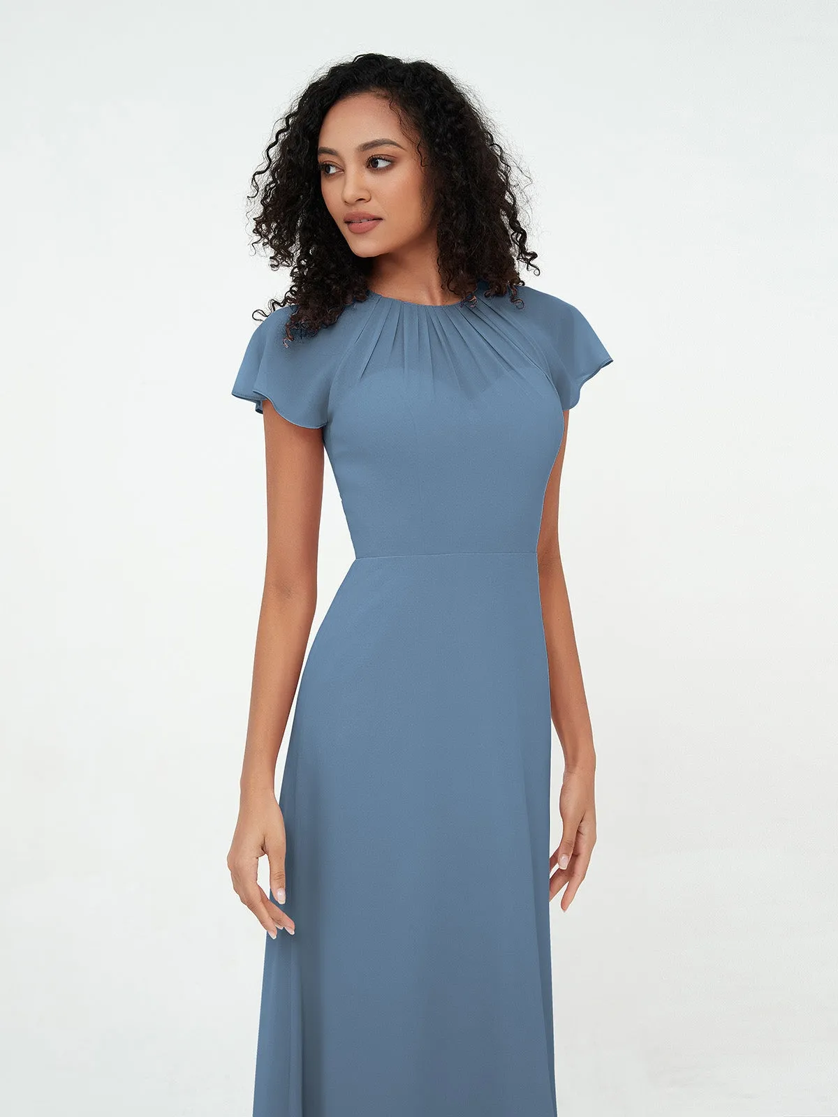 Illusion Neckline Chiffon Dresses with Cap Sleeves-Slate-Blue