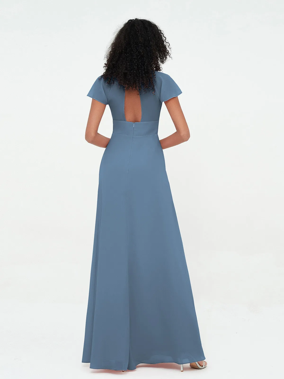 Illusion Neckline Chiffon Dresses with Cap Sleeves-Slate-Blue