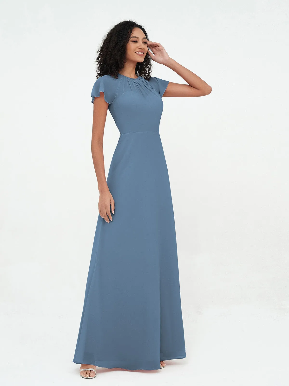 Illusion Neckline Chiffon Dresses with Cap Sleeves-Slate-Blue