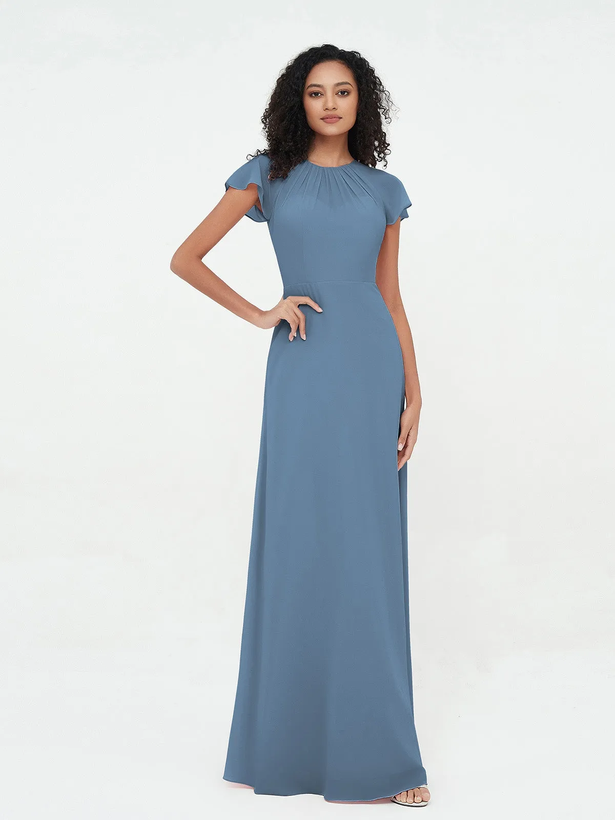 Illusion Neckline Chiffon Dresses with Cap Sleeves-Slate-Blue