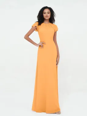 Illusion Neckline Chiffon Dresses with Cap Sleeves-Tangerine