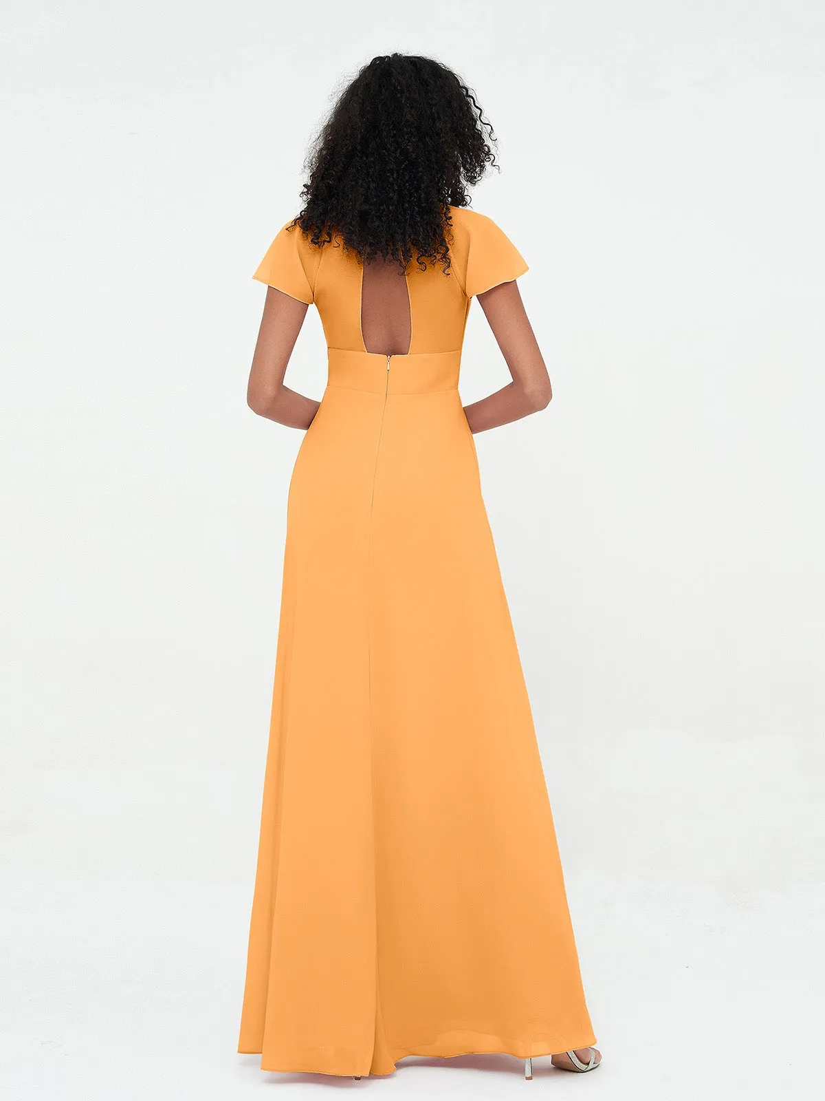 Illusion Neckline Chiffon Dresses with Cap Sleeves-Tangerine