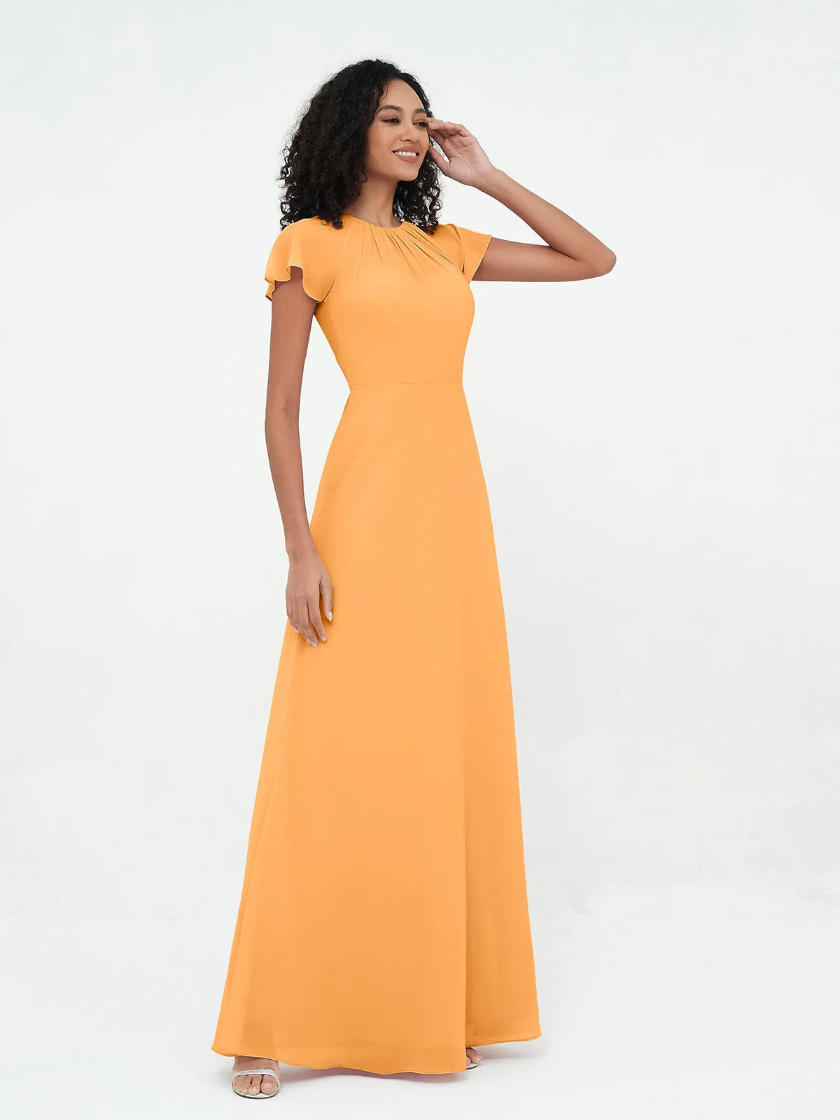 Illusion Neckline Chiffon Dresses with Cap Sleeves-Tangerine