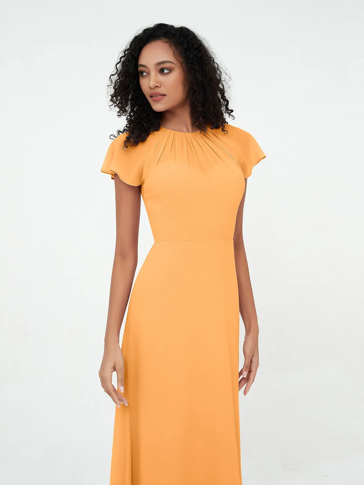 Illusion Neckline Chiffon Dresses with Cap Sleeves-Tangerine