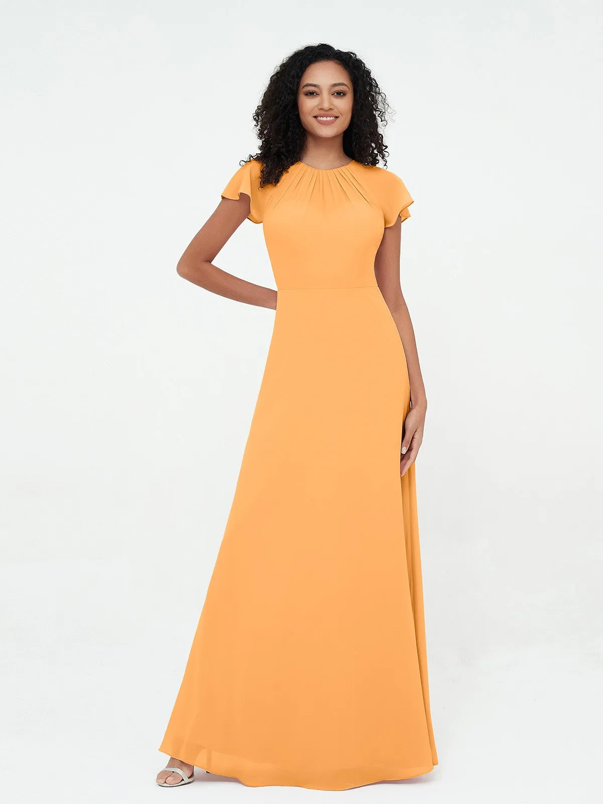 Illusion Neckline Chiffon Dresses with Cap Sleeves-Tangerine