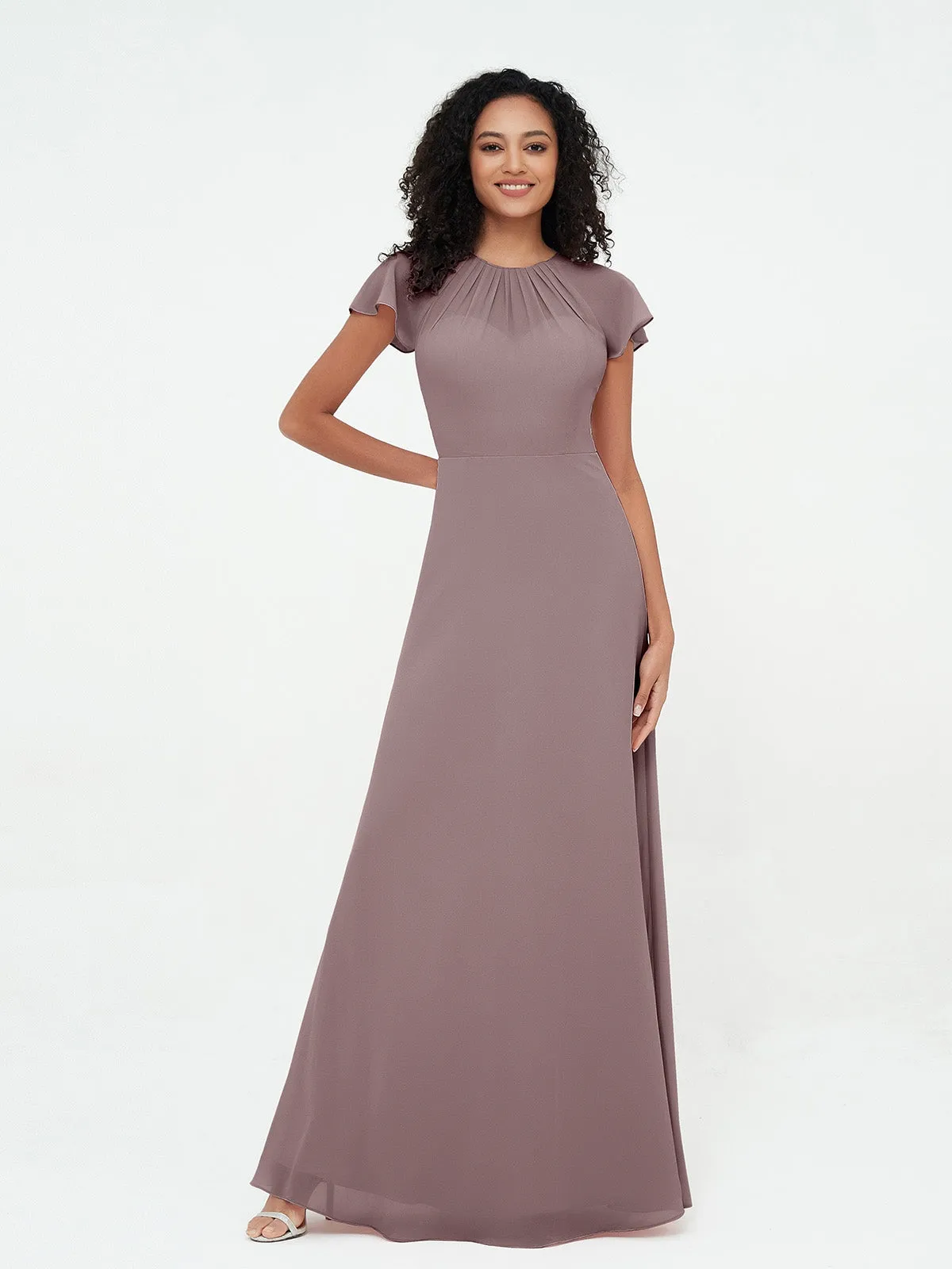 Illusion Neckline Chiffon Dresses with Cap Sleeves-Vintage Mauve